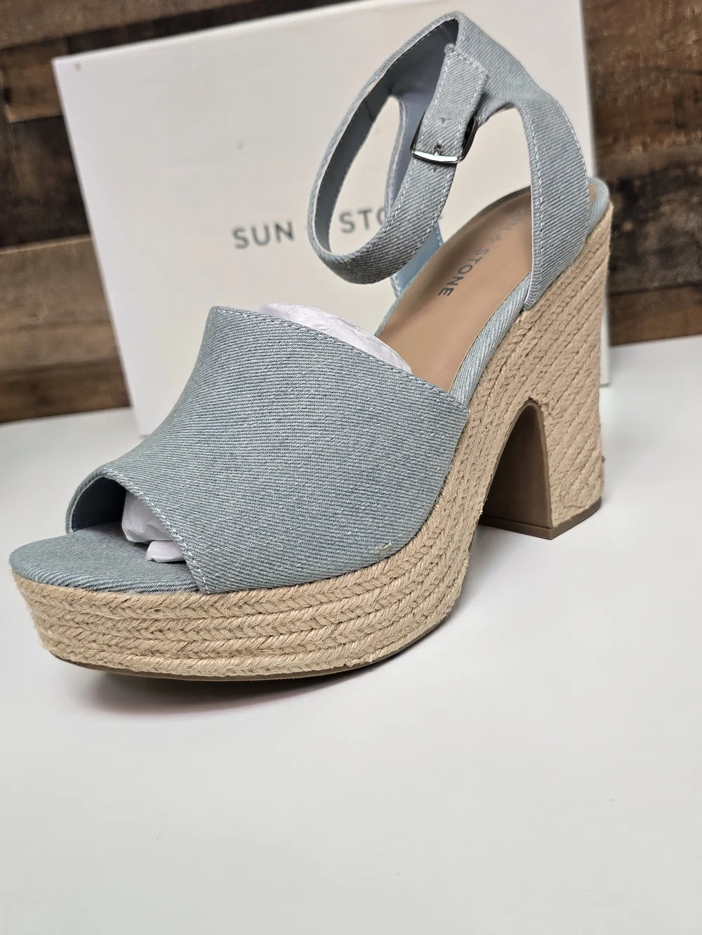 Sun + Stone Light Blue Denim Platform Espadrille Sandals